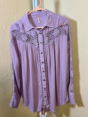 Free People Lavender Crochet Yoke Button-Down Shirt